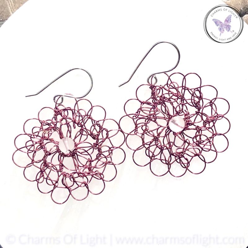 Copper Wire Crochet Medallion Earrings With Clear Quartz (Burgundy)